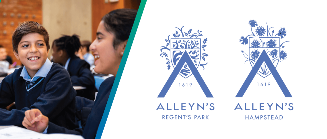 Alleyn's Regent's Park and Hampstead logos, with students smiling